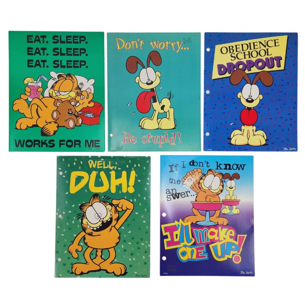 New Lot of 5 Vtg 1999 Garfield Cat & Odie Dog School Binder Pocket Folders NOS